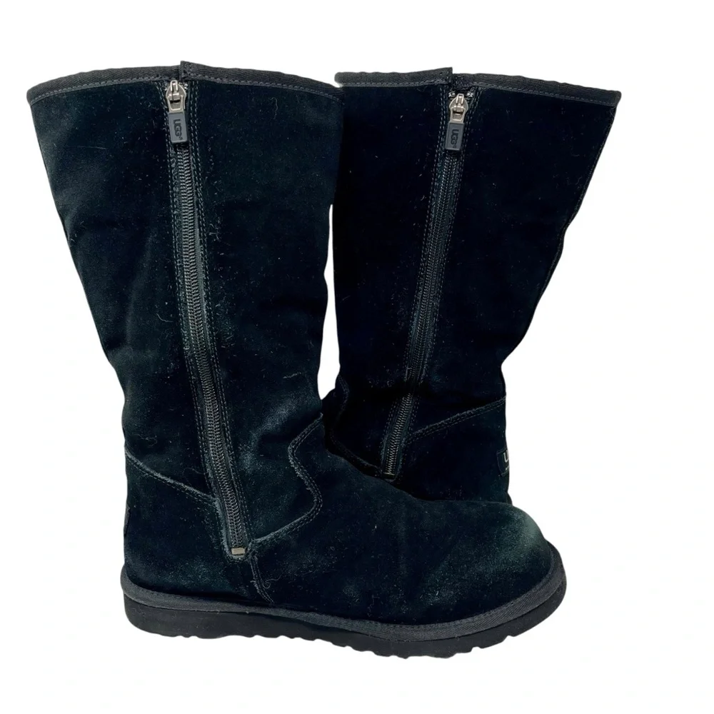 UGG Black Suede Zip Sunshine Tall Boots‎ Sz 6 Shearling Winter Snow Classic 90s